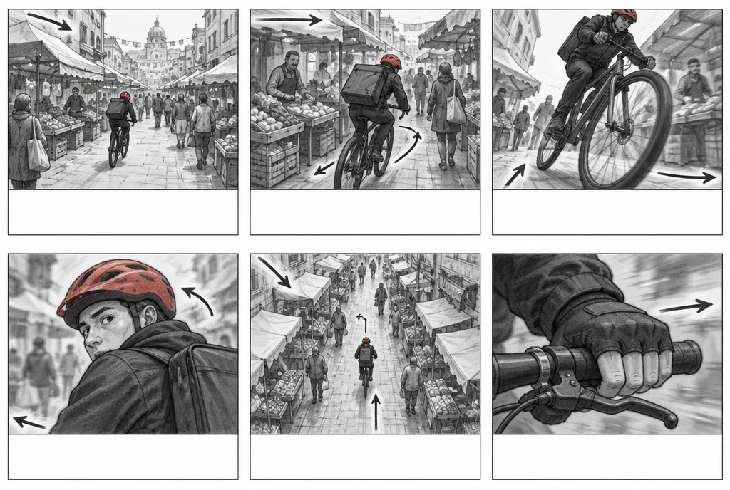 Six panel chase storyboard