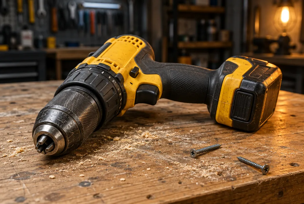 Cordless drill on workbench