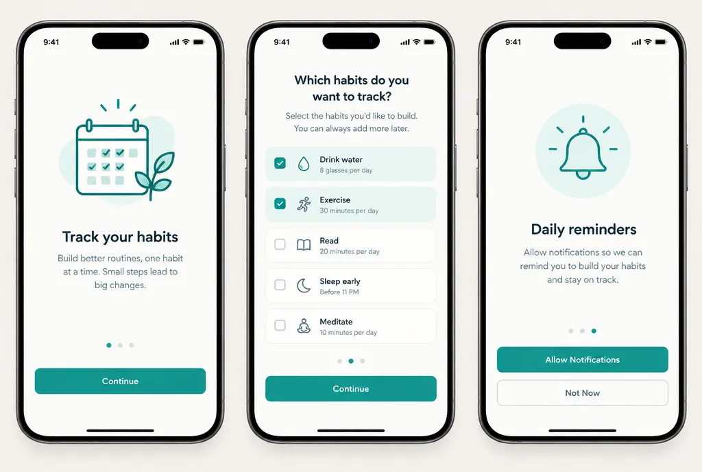 Three screen onboarding flow