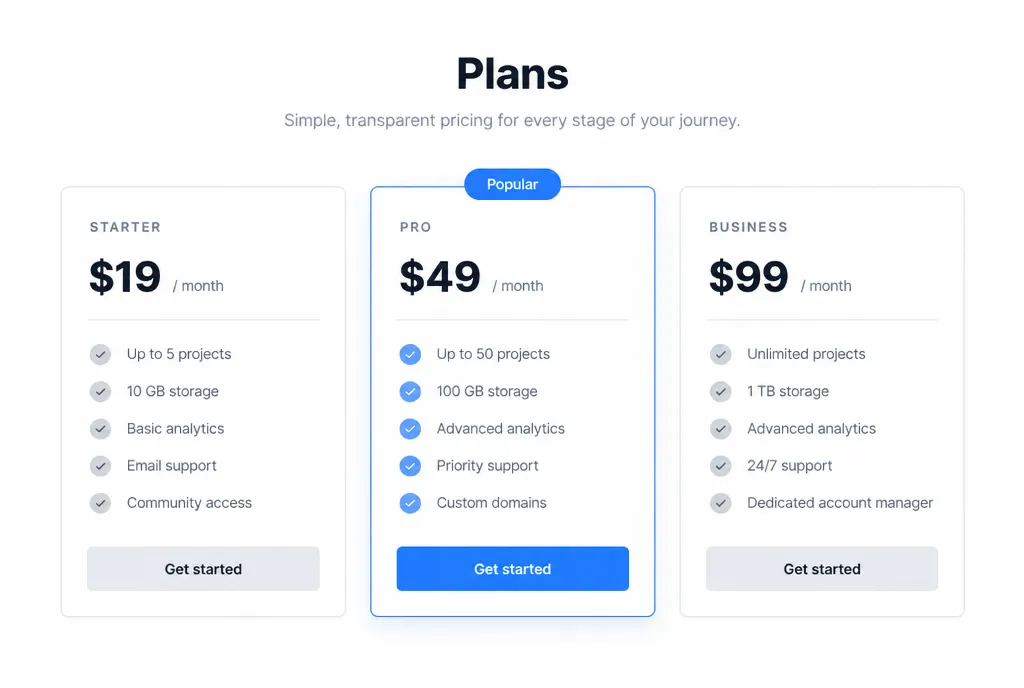 Desktop pricing table